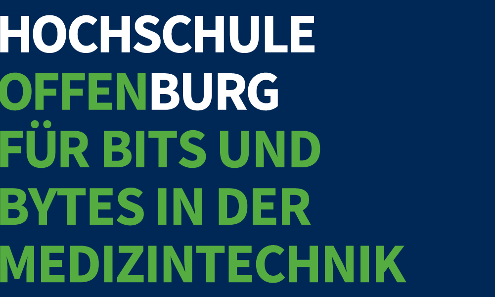Auf blauem Hintergrund steht Hochschule Offenburg - offen für Bits und Bytes in der Medizintechnik